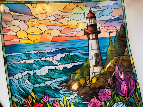 Printed Paper Custom Stained Glass Lighthouse Scene